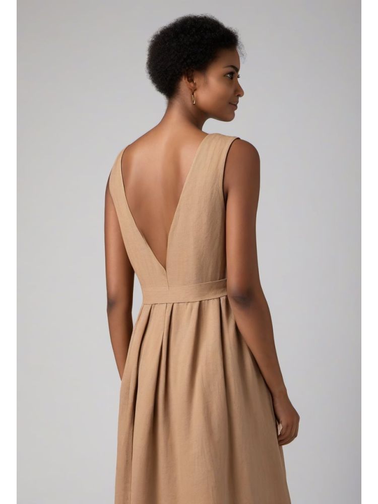 Camel Linen Pleated Dress
