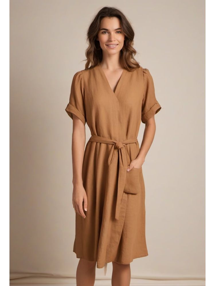 Camel Linen Pleated Dress