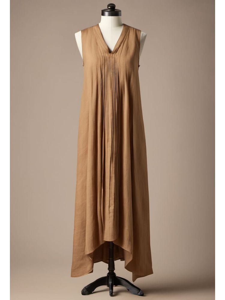 Camel Linen Pleated Dress
