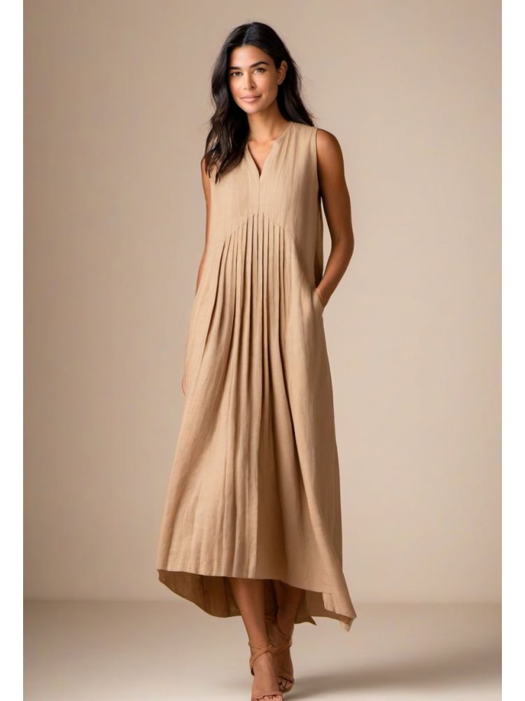 Camel Linen Pleated Dress