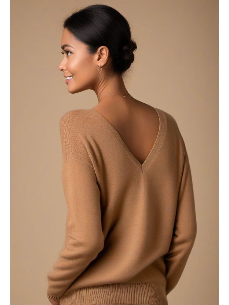 Camel Cashmere V-neck Knit