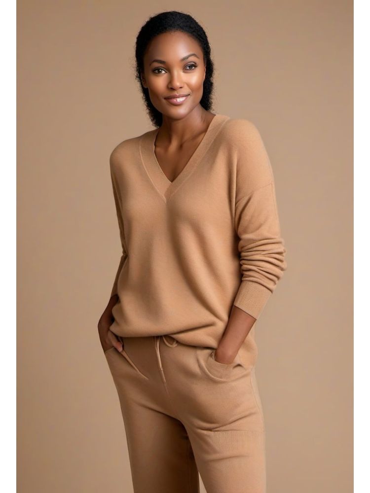 Camel Cashmere V-neck Knit