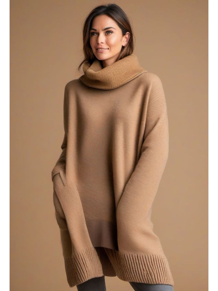 Camel Lambswool Roll-neck Knit