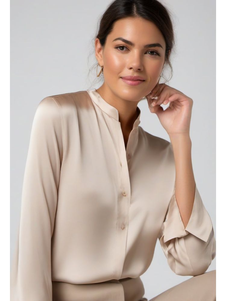 Oatmeal Silk Band-collar Shirt