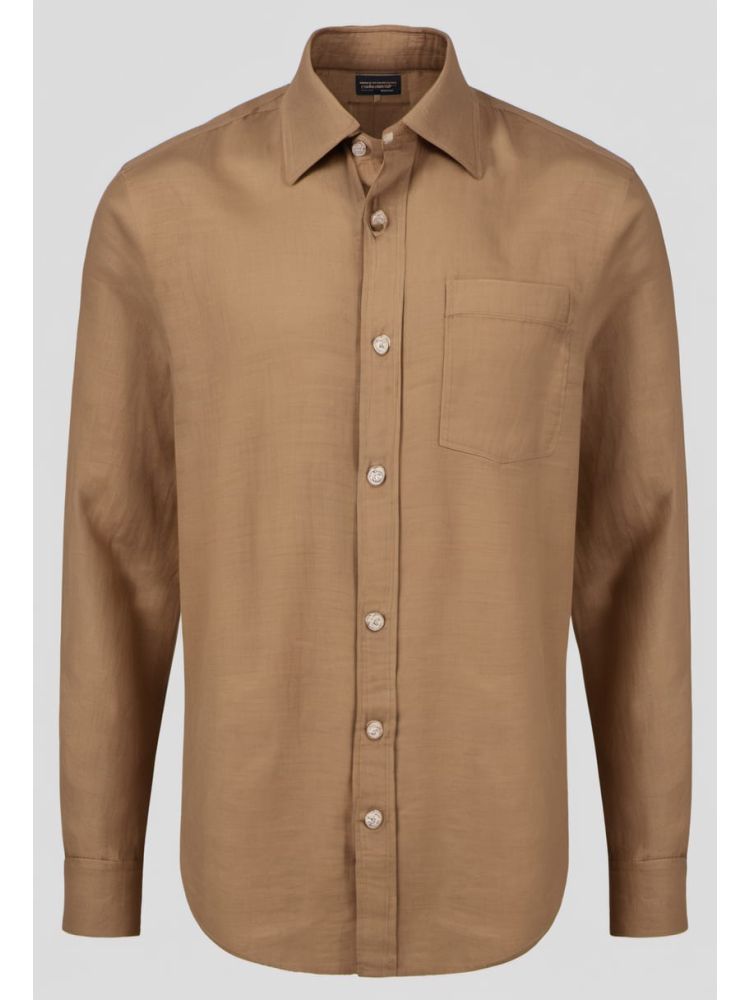 Camel Linen Camp-collar Shirt