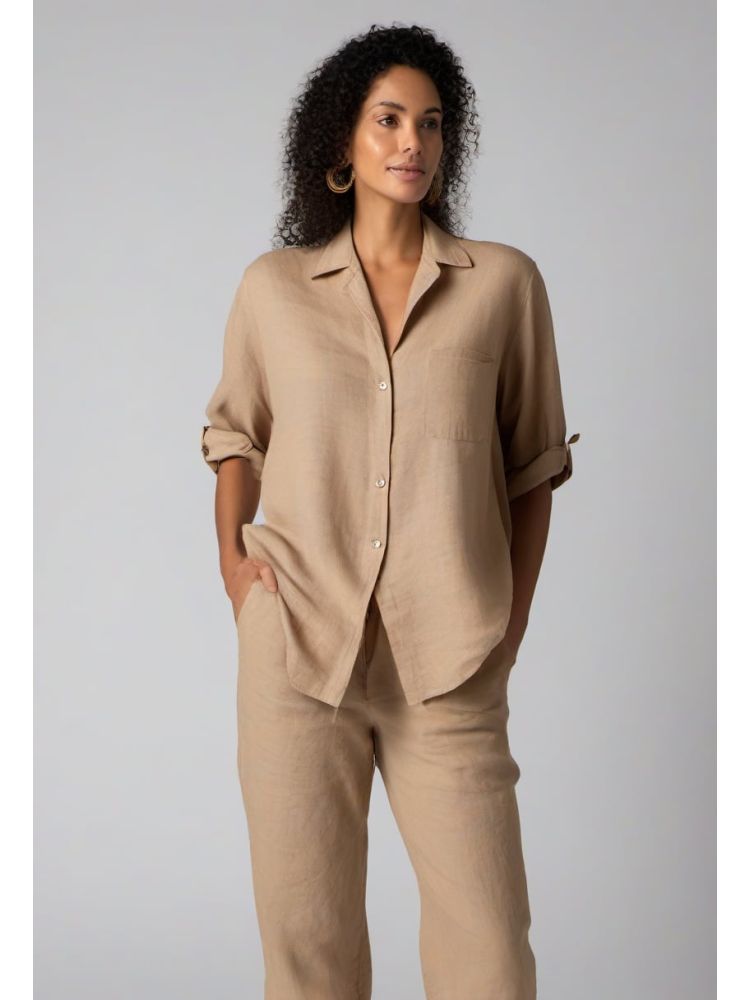 Camel Linen Camp-collar Shirt