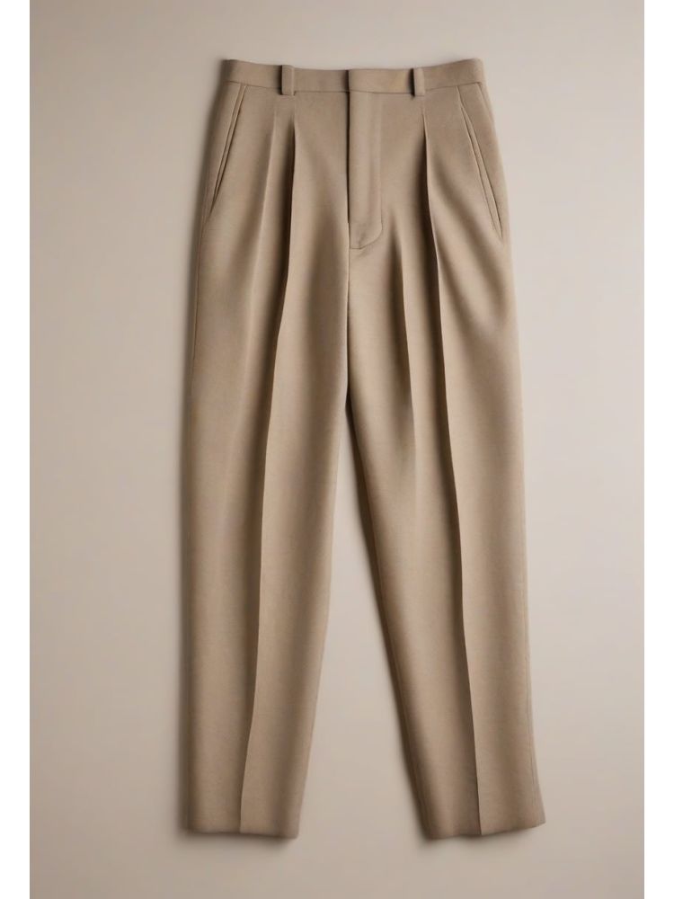 Oatmeal Wool-mohair Pleated Trouser