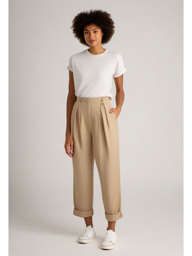 Sand Cotton Pleated Trouser