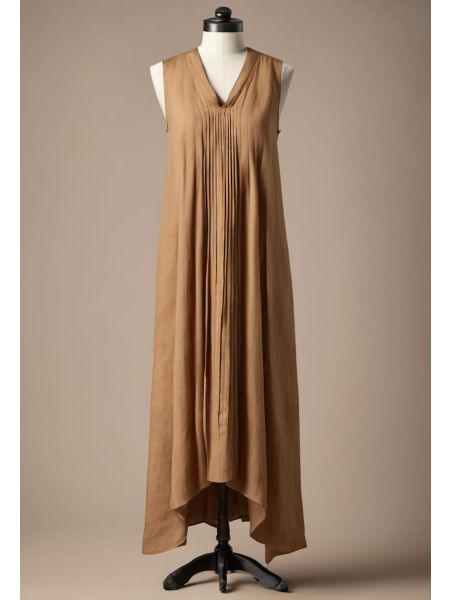Camel Linen Pleated Dress
