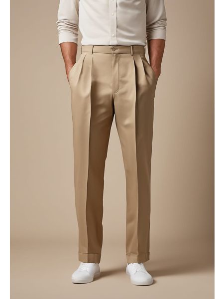 Sand Cotton Pleated Trouser